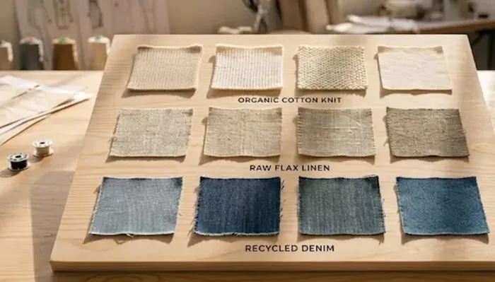 Checking eco-friendly yarn options in the studio